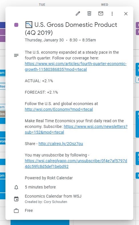 A sample calendar event from the WSJ economics calendar