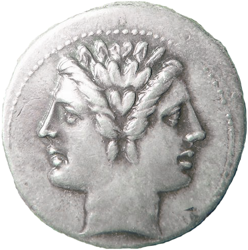 Ancient coin with two faces connected but looking in opposite directions, one backward (left), and the other forward (right).