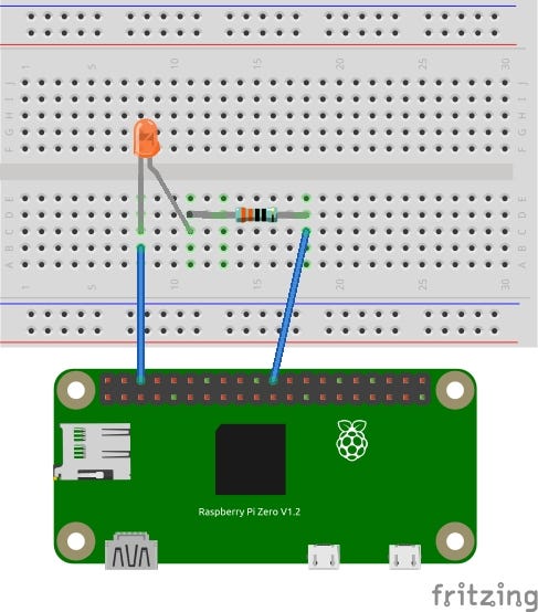 Circuit of the Project: GPIO pin connects to a resistor, resistor connects to long leg of red LED, short leg of LED connects to GND.