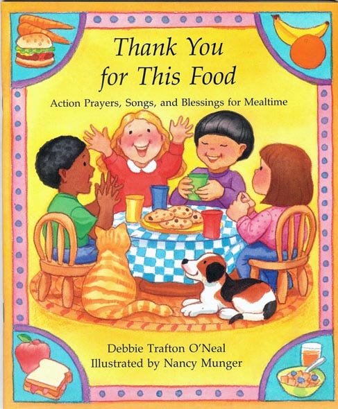 book cover with four kids, a dog, and a cat, sitting around a table with a plate of cookies