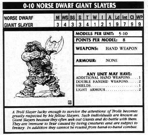 Norse Dwarf Troll Slayers unit card from White Dwarf #107. ©Games Workshop