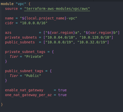 Terraform code for vpc deployment in base infra module.