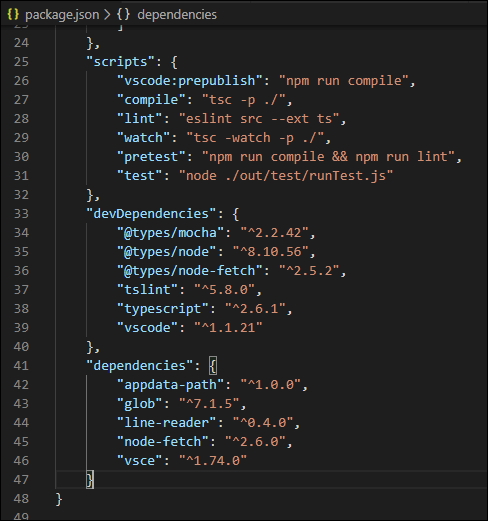 Add the required NPM packages in the packages.json file by adding its dependencies