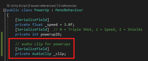Screenshot of Powerup script with AudioClip variable added