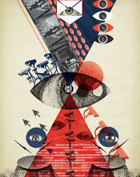 An abstract graphic art comprising of elements such as an eye, CCTV cameras and arrows.