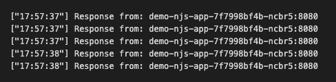 A screenshot of the terminal window showing the output of the curl command and server response indicating there is only one pod that receives requests.