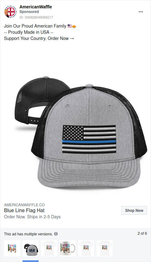 Ad from Facebook Ad Library for “Blue Line Flag” hat