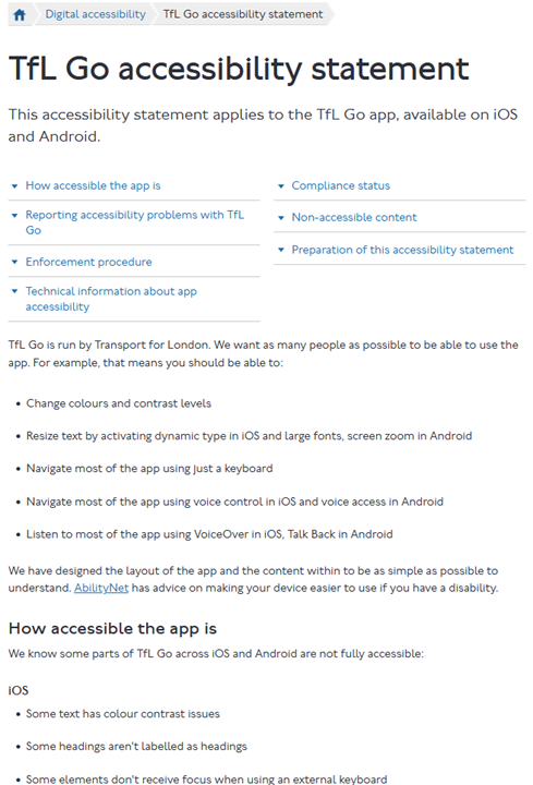 An example accessibility conformance statement from the Transport for London TfL Go app. The text describes in plain English that they know parts of the application are not accessible and outlines issues people with disabilities may have with it