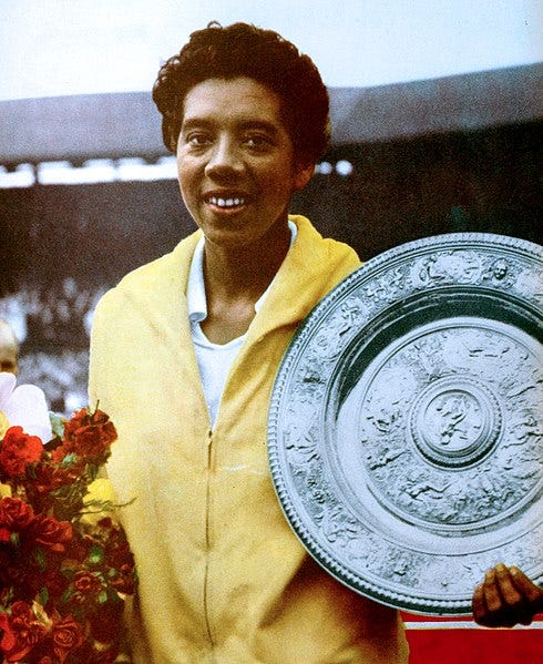 Photo of Gibson during her successful title defense in 1958 Wimbledon Women’s Singles champion.