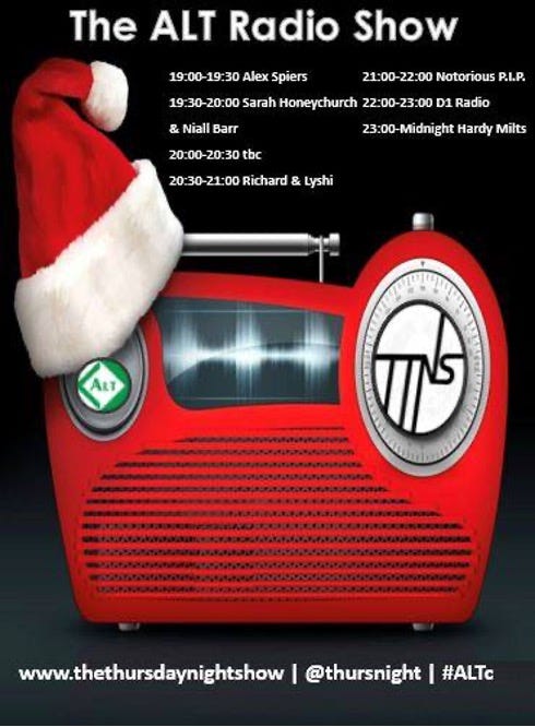 Poster for ALT Radio Show in 2020. Features a red vintage radio, with a Father Christmas hat balanced on top and the logos for ALT and TTNS on top of two of the dial displays. Includes a list of the full DJ line-up at the top of the image.