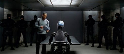 The movie I, Robot (film, 2004) scence. A cop is interrogating a robot.