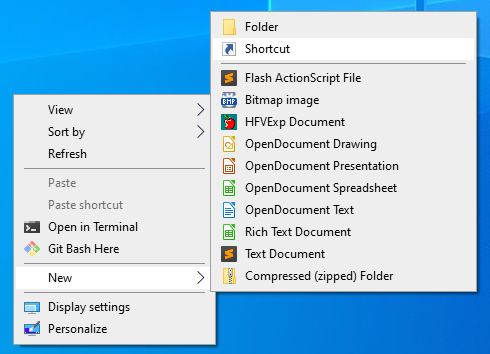 The Windows right-click menu, with New Shortcut highlighted.