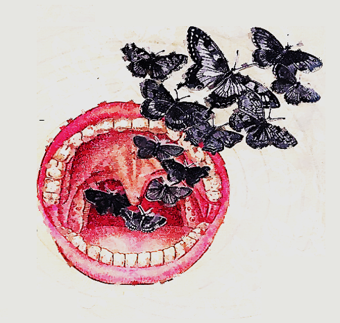 drawing of black butterflies coming out of a wide open mouth