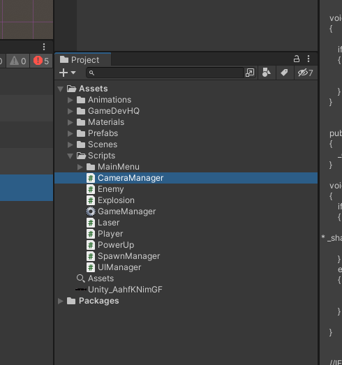 Screenshot of Space Shooter game in Unity showing Hierarchy menu. Within the opened Scripts folder, the new C# CameraManager script is highlighted.