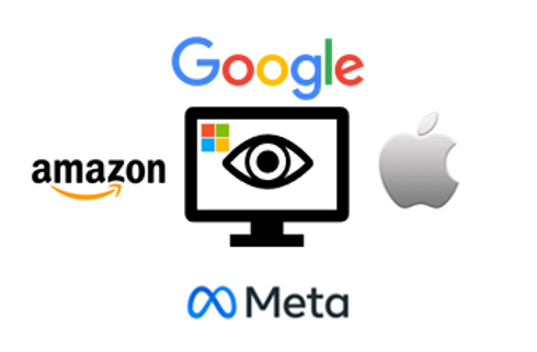 A laptop, GAFAM logos and an eye as a symbol of big tech corporations tracking people