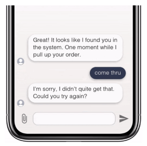 In this chatbot conversation, the user indicates approval for the chatbot’s action by responding with “come thru” and the bot responds with, “I’m sorry, I didn’t quite get that.” Whoever designed this bot did not ensure it could understand different language styles, which is alienating for this user.