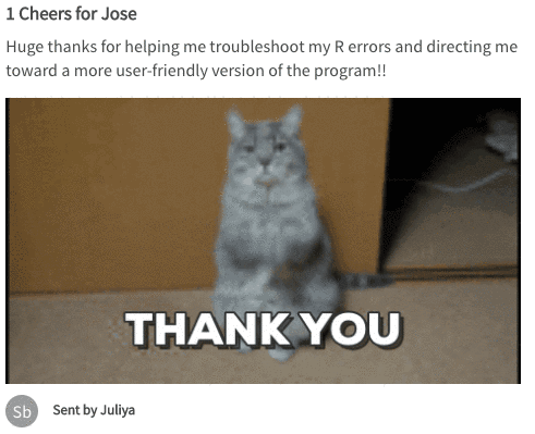 A TinyPulse cheer thanking a team member, complete with a moving image of a cat on its hind legs moving its front paws up.