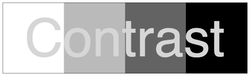 The word contrast with light grey text written over three panels of color: white, grey, dark grey, and black.