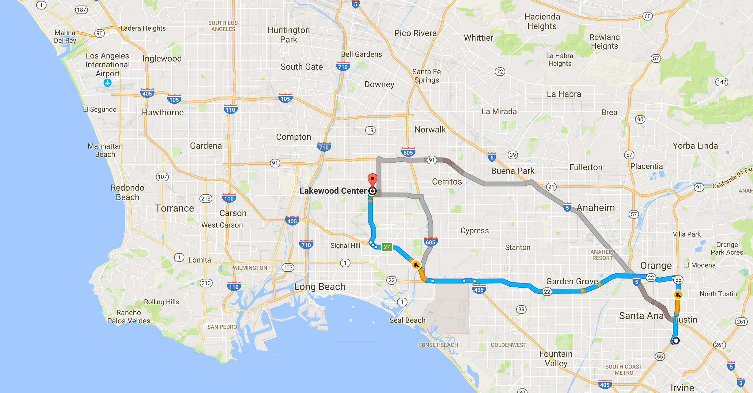 Google Maps, From MicroCenter Tustin LA to Lakewood Center Lakewood LA