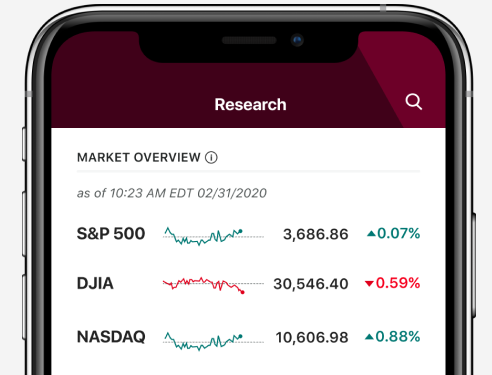 Market overview on the Vanguard mobile app showing the S&P 500, Dow Jones Industrial Average, and NASDAQ