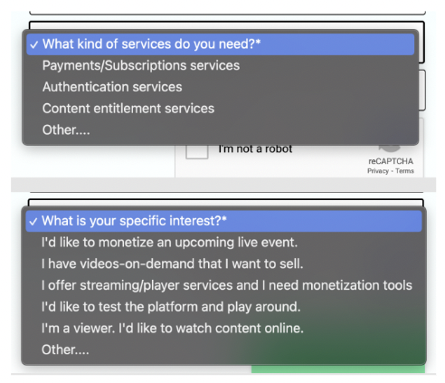 Old onboarding questions in the registration form asking “What kind of services do you need?” and “What is your specific interest?”