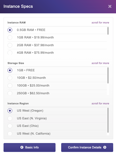 Instance specs window for HarperDB AWS Cloud Instances are shown. The free options are selected