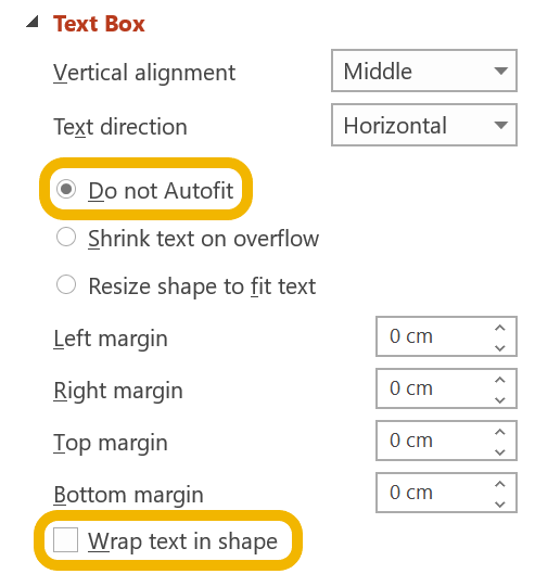 Screen shot of Do not Autofit and Wrap text options