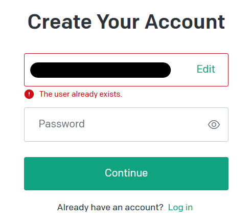 “Create Your Account” page responds with an error saying “The user already exists”.