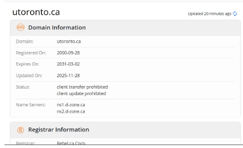 A screenshot showing the Whois domain information of the University Toronto