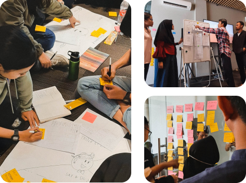 Kolase foto orang-orang sedang melaksanakan pelatihan design sprint dan design thinking yang dipandu oleh mentor dari Mentify