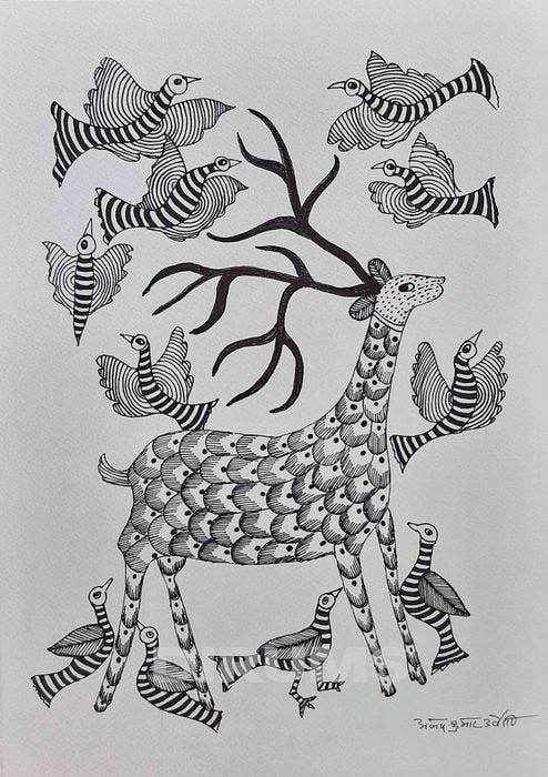 Deer and Birds in Gondh Painting