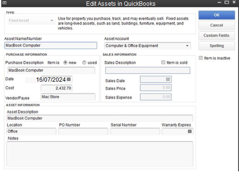 Edit an Asset in QuickBooks