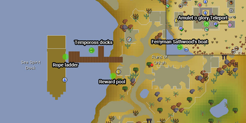 A in-game map showing players how to get to Tempoross in Old School RuneScape.