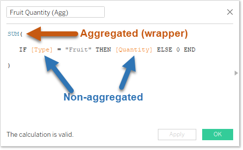 Screenshot of the above Tableau calculation, showing that the aggregation SUM( ) is wrapped around the non-aggregated part of the calculation. Within the parentheses, the fields [Type] and [Quantity] are both non-aggregated.