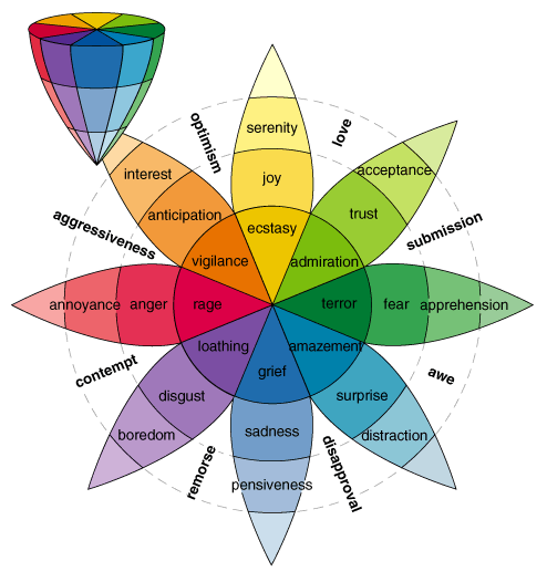 A color wheel that highlights the different emotions associated with particular colors. Red goes with rage, anger, and annoyance while yellow goes with serenity, joy, and ecstasy for example.