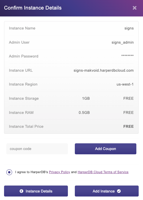 Confirmation of Instance details window is shown, with the free options shown.