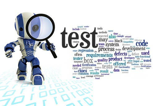 A robot inspecting the 1 and 0 bytes with background text using words like test, process, code, development, quality, result