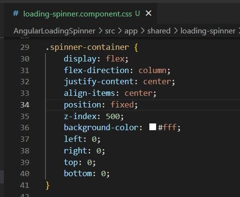 The spinner-container CSS class centers the spinner horizontally and vertically and covers the entire screen with it.