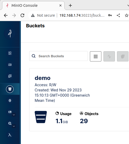 MinIO web interface showing a demo bucket with data