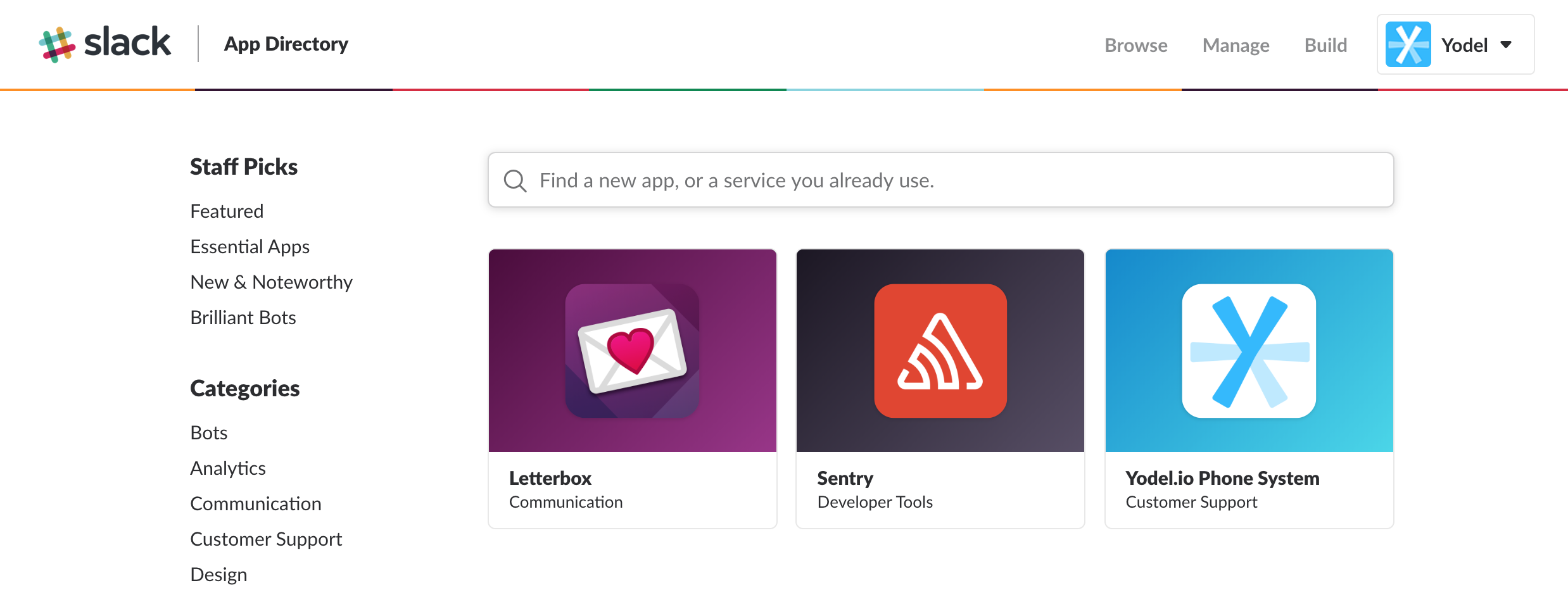 Yodel.io listed on the Slack App Directory as a recommended app from their staff