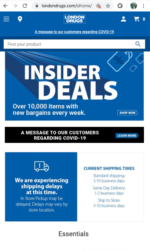London Drugs website Home page example COVID 19 messaging
