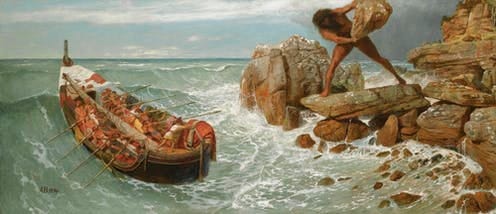 Polyphemus throws rock at Odysseus