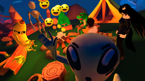 VRChat screen capture in a campfire world with 100Avatars such as Cool Banana, Cool Alien, Cactus Boy and Froggy