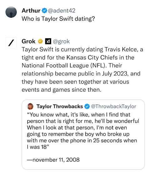 Screenshot of promotional conversation featured on 𝕏 where a user asked Grok who Taylor Swift is dating