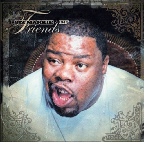 photo of single cover for Biz Markie’s Friends EP, where he is pulling a face