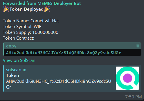 Details of a token, Comet wif Hat, launched on the Solana Blockchain with the MEMES SPL Token Deployer Bot on Telegram.