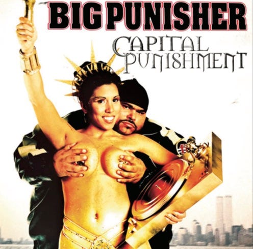 front of record cover for Big Punisher’s Capital Punishment album featuring him posing with a half naked woman dressed as the statue of liberty. Big Punisher is stood behind the woman with both his hands covering her bare breasts.