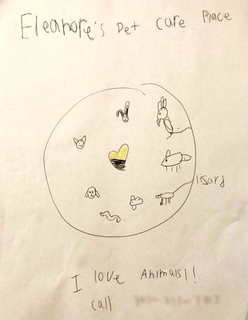 Hand-drawn flyer for Eleanore’s Pet Care Place, with a circle and pictures of various animals. The lizard is labeled.