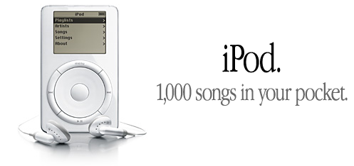 Classic iPod ad offering “1,000 songs in your pocket.”