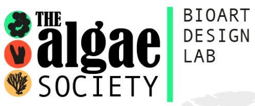 On a white background, black text on the left reads: “The Algae Society”, and next to this text, on the left, are three icons stacked on top of each other; the top one is green, the middle one is red and the third is orange. Each icon has some kind of black image in the middle. To the right of “The Algae Society” text, past a light green seperator bar, reads” BioArt Design Lab”. This graphic is their logo.